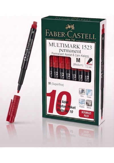 Faber-castell Permanent Asetat Ve Cam Kalemi M Uç 1.0 Mm Kırmızı - 10 Adet Toptan Paket