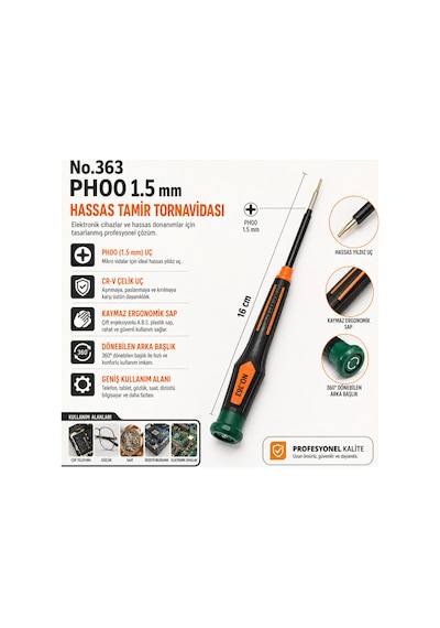No.363 Ph00 1.5 Mm Hassas Yıldız Uçlu Cep Telefonu Ve Gözlük Tamir Tornavidası 16 Cm