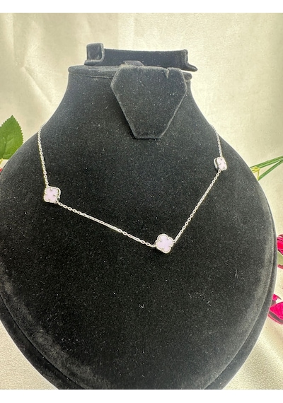 Yonca 3'lü Pembe Taşlı Kadın Kolyesi 925 Ayar Gümüş Rodyumlu 8 Mm Gümüş