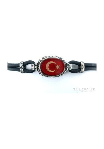 Osmanlı Tarzı Ayyıldızlı Kırmızı Mineli El İşi Deri Gümüş Bileklik