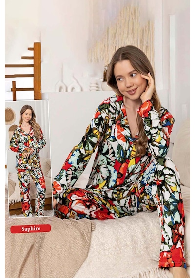 Remsa Kadın Çiçek Desen Düğmeli Saphire Pijama Takımı 0357 Çok Renkli Çok Renkli