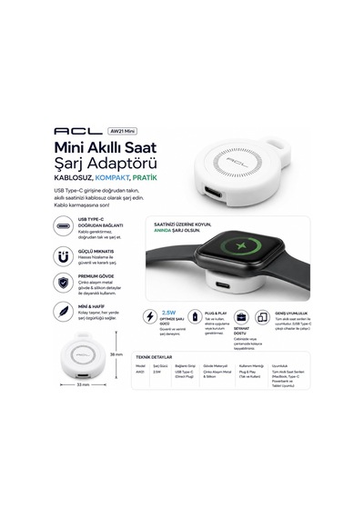 Aw21 Apple Watch İçin Kablosuz Şarj Cihazı 2.5w Usb-c Girişli, Çinko Alaşım Metal Gövdeli Mini Taşınabilir Şarj Adaptörü Çok Renkli