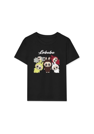 Barlashive Kız Labubu Çocuk Baskılı T-shirt - Siyah Çok Renkli