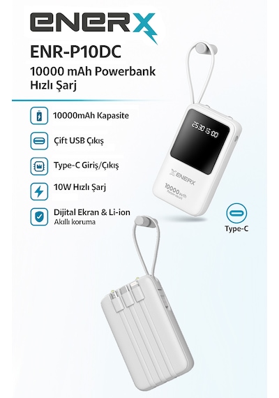 Enerx Enr-P10DC 10.000 Mah 2.0a Dahili Kablolu Led Aydınlatmalı Powerbank