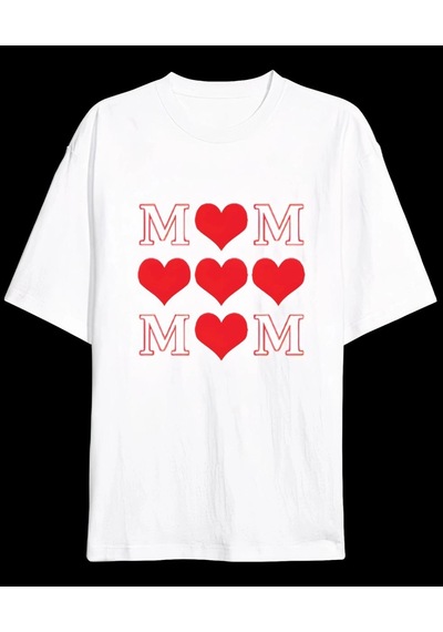 Freedom Store Anneler Günü Hediye Mom Kalp Baskılı Oversize Bisiklet Yaka T-shirt - Beyaz