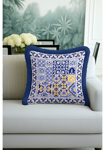 Lüks Vintage Motifli Saçaklı Yastık Kılıfı - Akdeniz Stili Mavi Altın Renkli Püsküllü Kırlent Kılıfı Mat Dumanlı Mercan Lüks Vintage Motifli Saçaklı Yastık Kılıfı - Akdeniz Stili Mavi Altın Renkli Püsküllü Kırlent Kılıfı Mat Dumanlı Mercan