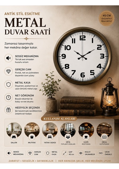 Almira Duvar Saati Antik Stil Eskitme 40 Cm Metal Duvar Saati