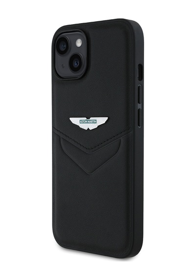Apple Uyumlu iPhone 14 Kılıf Aston Martin Lisanslı Victory Dizayn Pu Deri Metal Logolu Kapak Siyah