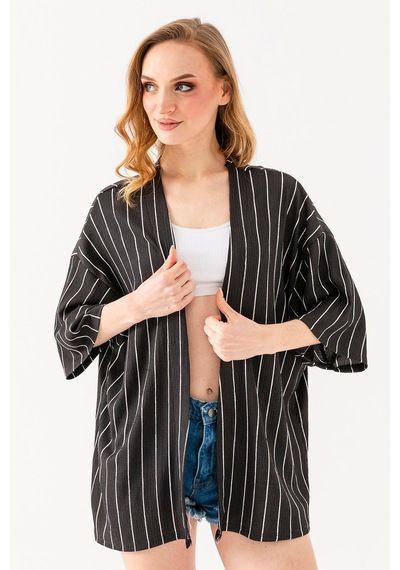 Giysa Kadın Yarım Kol Çizgili Bürümcük Kimono Antrasit - 254406 Antrasit