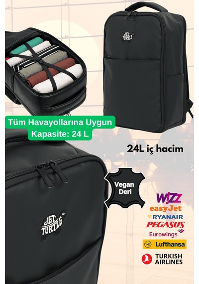 Jet Turtle Seyahat Sırt Çantası 40cm 40x25x15 Cm Pegasus, Wizz Air, Ryanair, El Valizi Koltuk Altı Valizi Vegan Deri