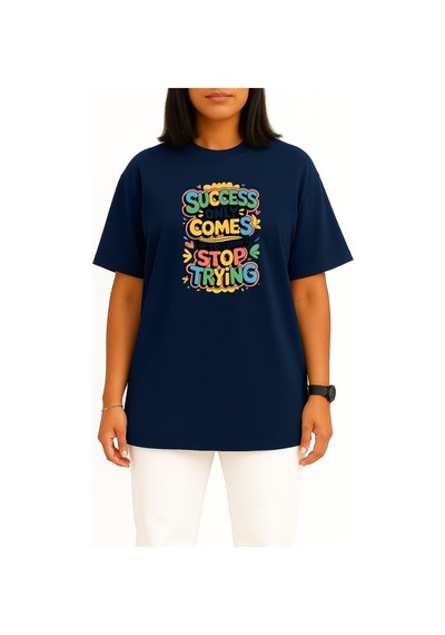 Bahriyeli Collection Oversize Başarı Sadece Denemeyi Bırakmazsan Gelir Göğüs Baskılı Unisex T-shirt Lacivert