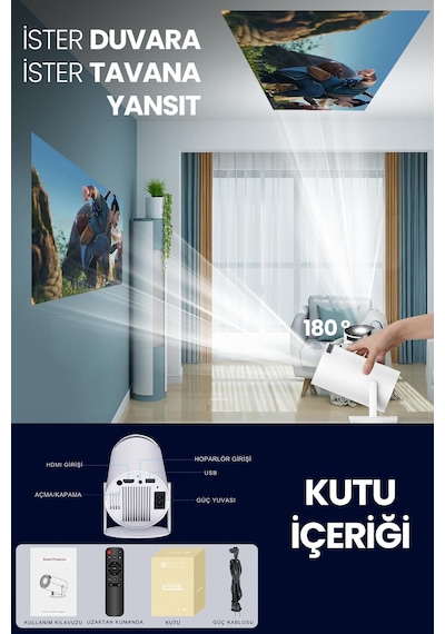 Taşınabilir Akıllı Sinema Projeksiyon Cihazı Projektör Ekran Yansıtma Wifi Bluetooth 5.2 Sinema 502