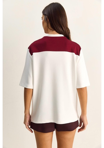 Shade Kadın Şal Detaylı Oversize Basic T-shirt 1094 60286118 - Beyaz-bordo Çok Renkli