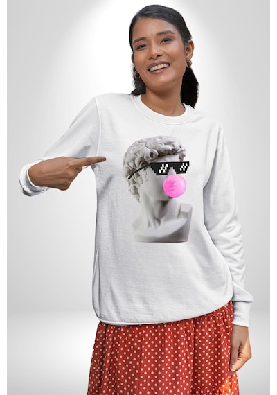 Gözlüklü David'in Kafasının Alçı Heykeli Unisex Beyaz Sweatshirt Beyaz