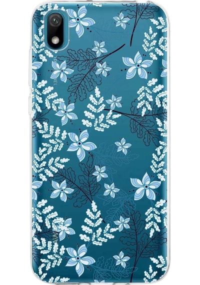 Huawei Y5 2019 Uyumlu Kapak Floral Mavi Tasarımlı Şeffaf Silikon Kılıf