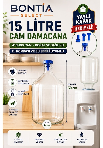 15 Litre Cam Damacana Koruyucu Kılıflı Yaylı Kapak Hediyeli Sebil Ve El Pompası Uyumlu %100 Cam Damacana Şeffaf