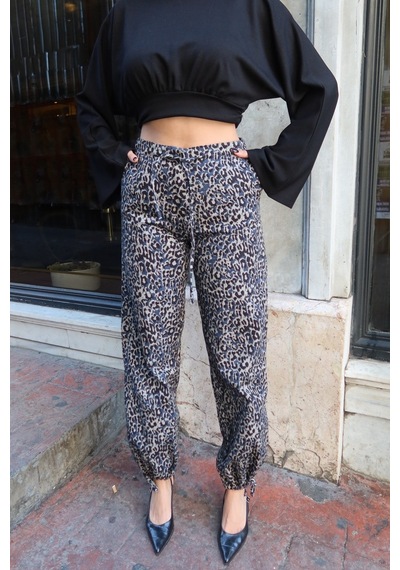 Kechi Woman Gabardin Kumaş Desenli Pantolon Gri Leopar