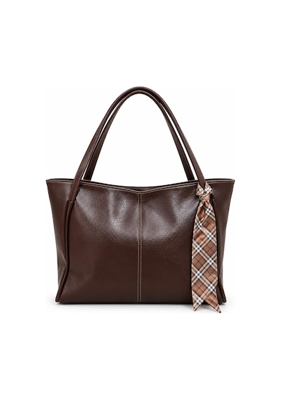 Kadın Fularlı Fermuarlı Kapamalı Shopper El Ve Omuz Çantası Acı Kahverengi