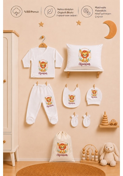 Pia Baby Erkek Bebek Hastane Çıkışı 8 Parça %100 Pamuk İsimli Organik Baskılı Kese Hediye Zıbın Seti 1011zybk3x Ekru