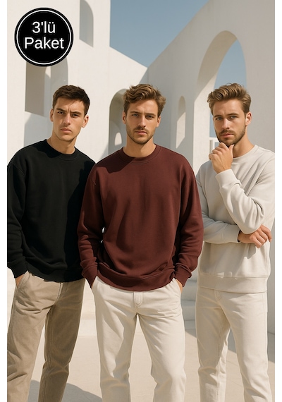 Rich Erkek 3'lü Paket Siyah - Kahverengi - Krem Bisiklet Yaka Scuba Sweatshirt Siyah