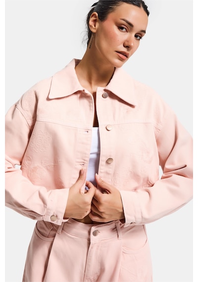 it's basic Kadın Pudra Renk 6s6-20 Crop Fit Çiçek Nakış Desenli Özel Tasarım Denim Ceket