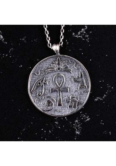 925 Ayar Gümüş Antik Mısır Sembollü Kolye Ucu - Ankh, Horus'un Gözü, Scarab İle El Yapımı Gümüş
