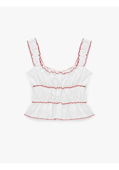 Koton Pamuklu Bağlama Detaylı Büzgülü Fırfırlı Biyeli Kolsuz Crop Bluz Beyaz 6sal60190ıw