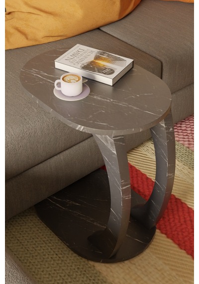Oval Siyah Mermer C Sehpa Modern,tekerlekli Yan Sehpa Salon, Ofis, Yatak Odası Siyah