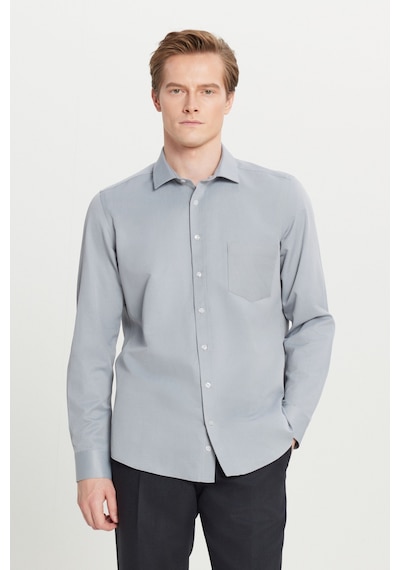 AC&Co / Altınyıldız Classics Erkek Grı Pamuklu Tailored Slim Fit Dar Kesim Klasik Yaka Armürlü Cepli Gömlek Gri