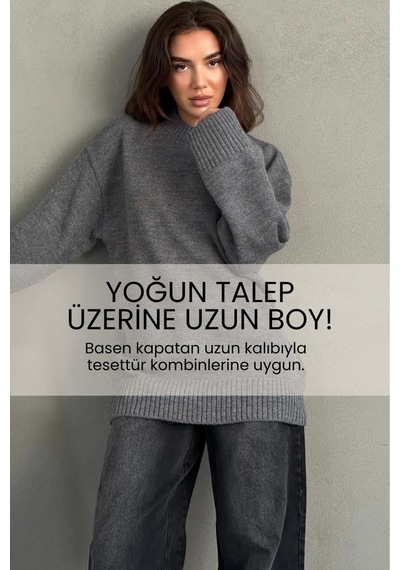 Madmext Antrasit Bisiklet Yaka Oversize Uzun Kadın Triko Kazak Mg2890