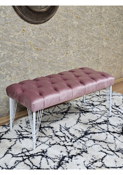 Zafir Beyaz Boyalı Tel Ayaklı 90 Cm Puf Bench - Puf - Bench - Kasalı Oturak - Oturak - Yatak Ucu Puf Pembe