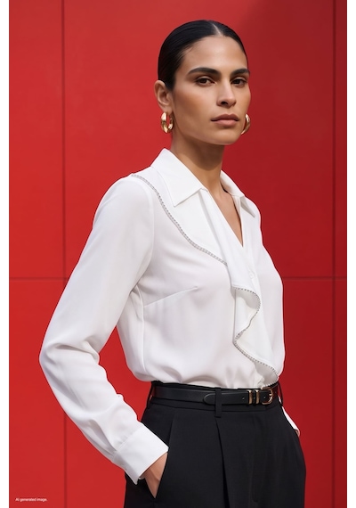 Sateen Fırfır Ve Aksesuar Detaylı Gömlek - Ekru-137870