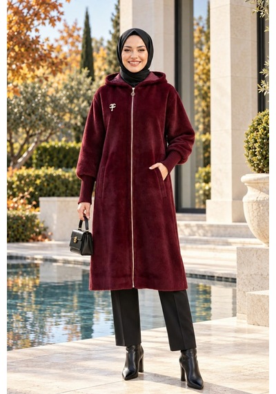 Hb Harma Time Butik Kadın Fermuarlı Kapüşonlu Angora Bordo Kürk Kaban Bordo Bordo