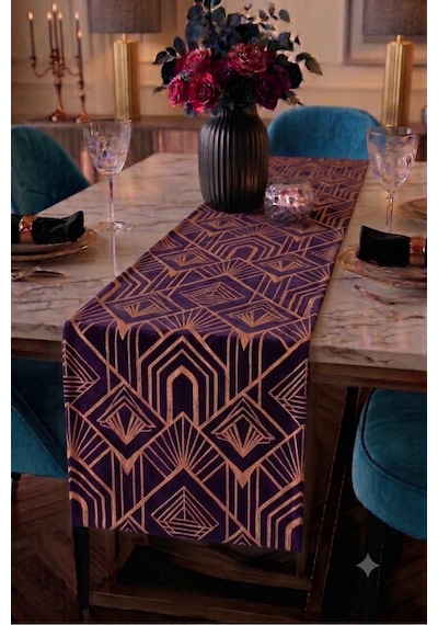Premium Masa Runner Dijital Baskılı Çizgi Desenli Dekoratif Salon Mutfak Yemek Masası Runner Örtüsü 45x140 Cm Mor