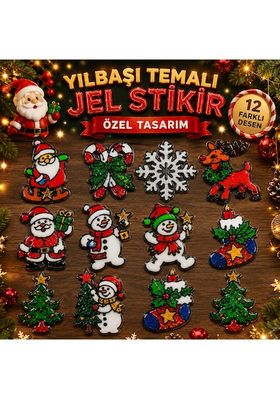 12 Adet Farklı Model Jel Sticker Yılbaşı Süsleri Yılbaşı Hediyeleri Leke Yapmaz Cam Vitrin Yapıştır