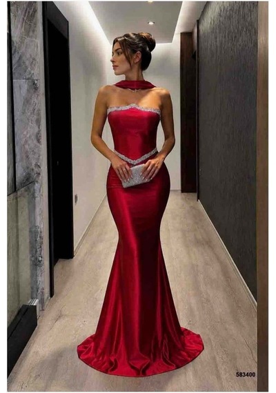 Lior Design Kadın Trend Model Kruvaze Yaka Şık Abiye Elbise Kırmızı