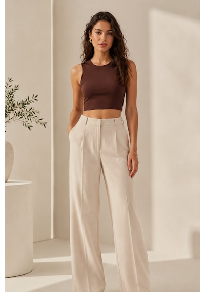 Loule Kadın 2'li Bisiklet Yaka Kolsuz Crop Top Kahverengi-beyaz Çok Renkli
