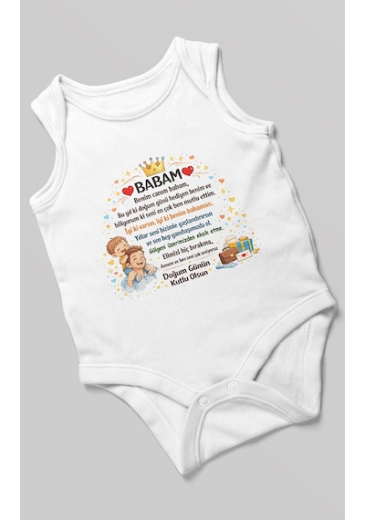 Morivokids Babam Doğum Günün Kutlu Olsun Sıfır Kollu Bebek Zıbını %100 Pamuk Beyaz