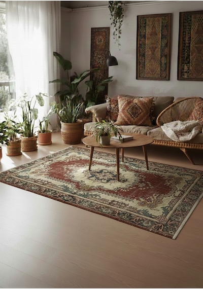 Bohem Stil Vintage Halı Özel Tasarım Yeni Anadolu Koleksiyonu Doğal Yün Halı Kırmızı