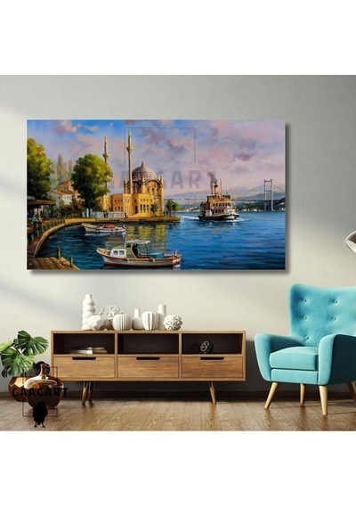 Tekli Yatay Kanvas Duvar Tablosu İstanbul Manzara Resmi, 100 X 70 -