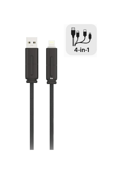 Bix Bx4ın1c 65w Usb-a & Type-c & Lightning Çok Fonksiyonlu Örgülü Şarj Ve Data Kablosu 1.2 Metre Siyah