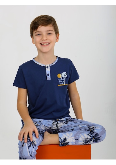 Vitmo Erkek Çocuk Kısa Kollu Düğme Detaylı %100 Pamuklu Pijama Takımı The Palm Lacivert