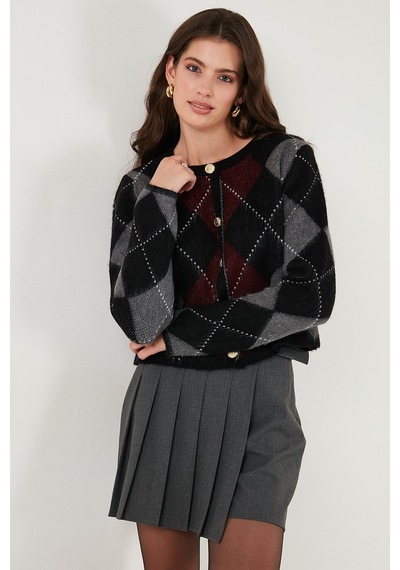 Lela Regular Fit Bisiklet Yaka Baklava Desenli Düğmeli Crop Bayan Hırka 4615570 Siyah