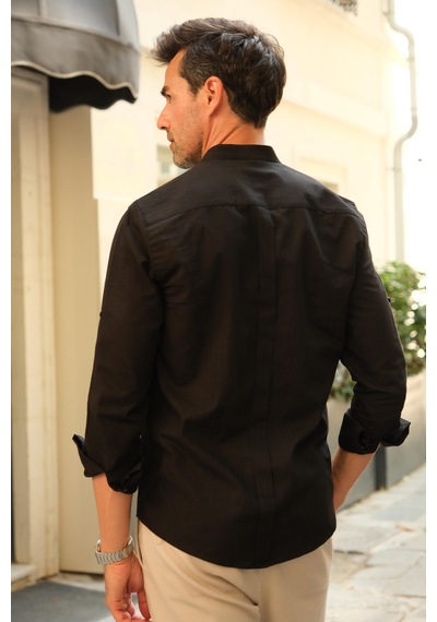 Hakim Yaka Slim Fit Keten Hediye Kutulu Erkek Gömlek Fs-003042 - Siyah-2193