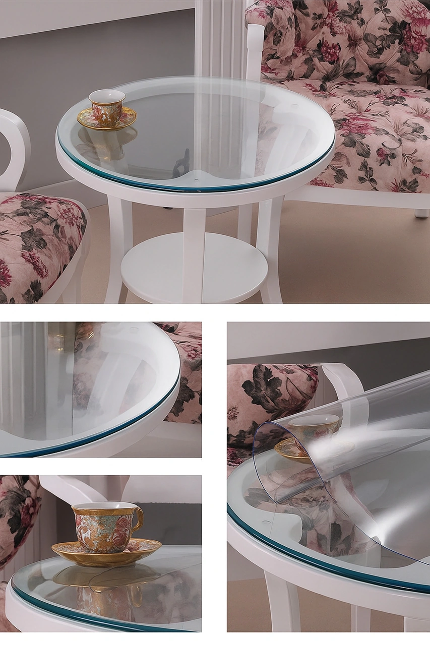 Yuvarlak Şeffaf Kalın Masa Örtüsü 1,4 Mm Pvc Kaymaz Silinebilir Örtü Beyaz