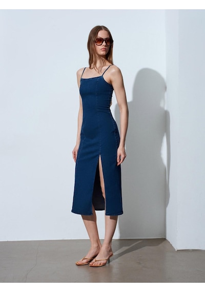 Dilvin 90584 Denim Yırtmaçlı Elbise-mavi-15321