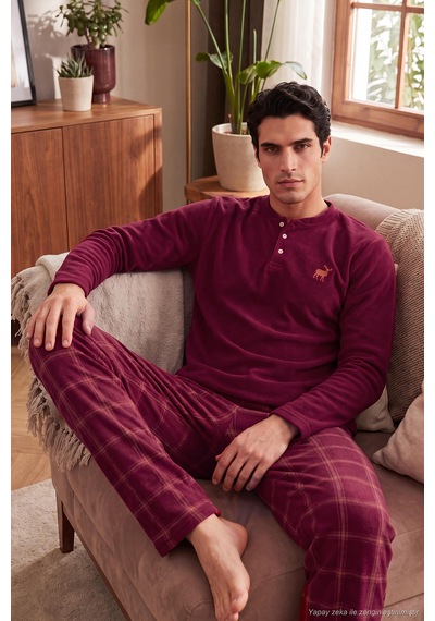 Buratti Ekoseli Düğmeli Bisiklet Yaka Yumuşak Polar Pijama Takımı Erkek Pijama Takımı 6097019 Bordo