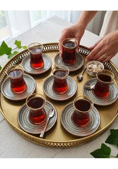 Madam İzmir Winter 6'lı Siyah Çay Tabağı - Modern Spiral Desenli Şık Sunum Tabağı Gri