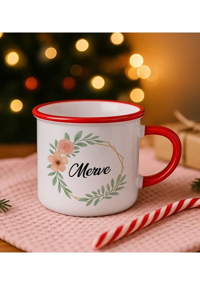 Bk Gift Kişiye Özel Çiçek Tasarımlı Kırmızı Emaye Kupa Bardak -21, Arkadaşa Hediye, Sevgiliye Hediye