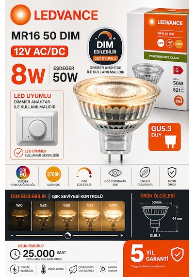 6 Adet Ledvance 12v Ac/dc 8w 50w Dimli 2700k Sarı Işık Gu5.3 Duylu Led Çanak Ampul